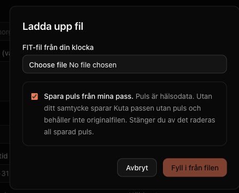 Kutas filuppladdning med val av FIT-fil och checkbox för pulssamtycke